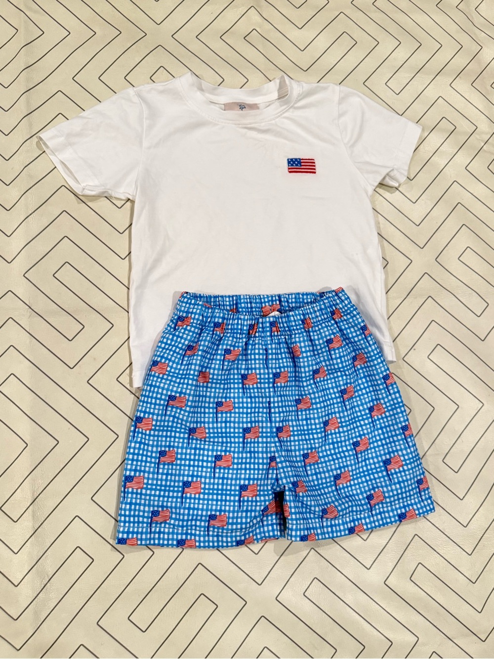 Smockingbird White Tee & Blue Flag-Print Set